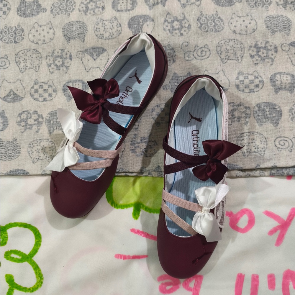 Puma Maroon and White Bow Strap Ballet Flats - Picture 3 of 8